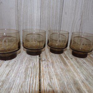 Vtg Brown Glasses, Barware Glasses Small Brown Initials Glasses, Vtg Set 4, Juic
